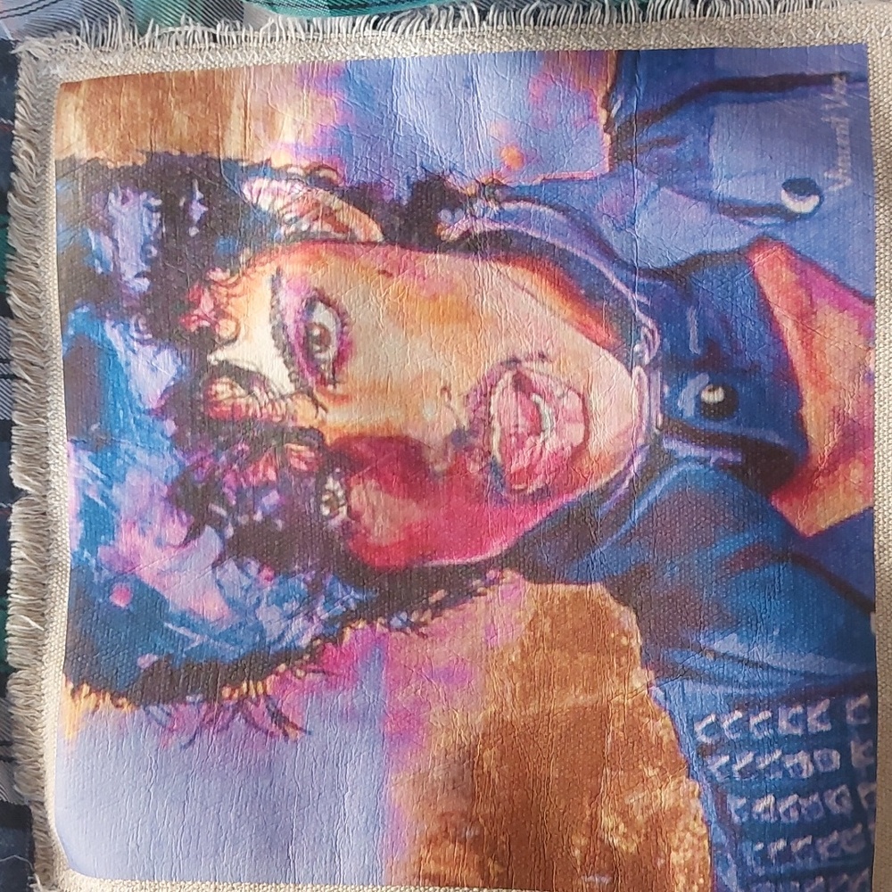 Cropped large green blue flannel, Prince photo on back, unique!